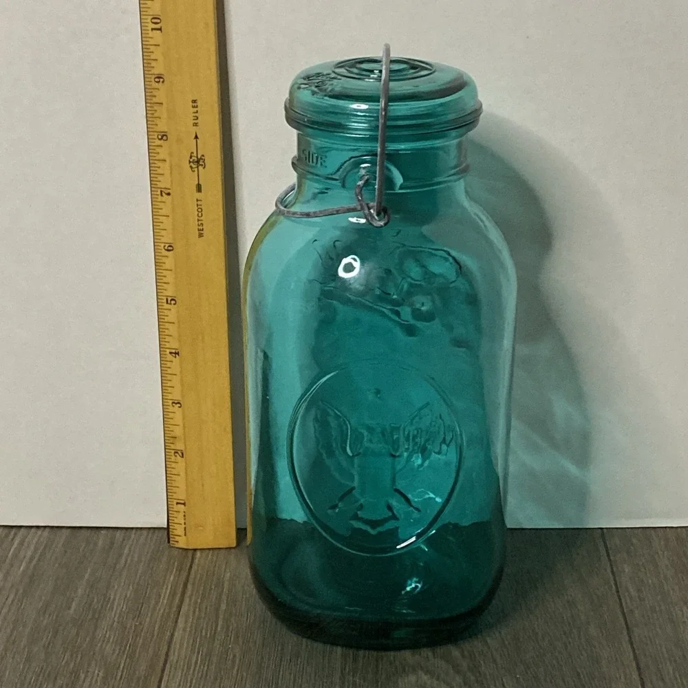Vintage Ball Ideal Bicentennial Eagle Half-Gallon Mason Jar USA w/Wire Bail Blue
